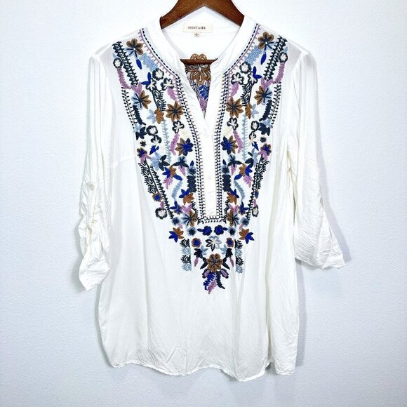 Solitaire Tops - Solitaire Floral Embroidered White Popover Tunic Longline Boho Women's Size L